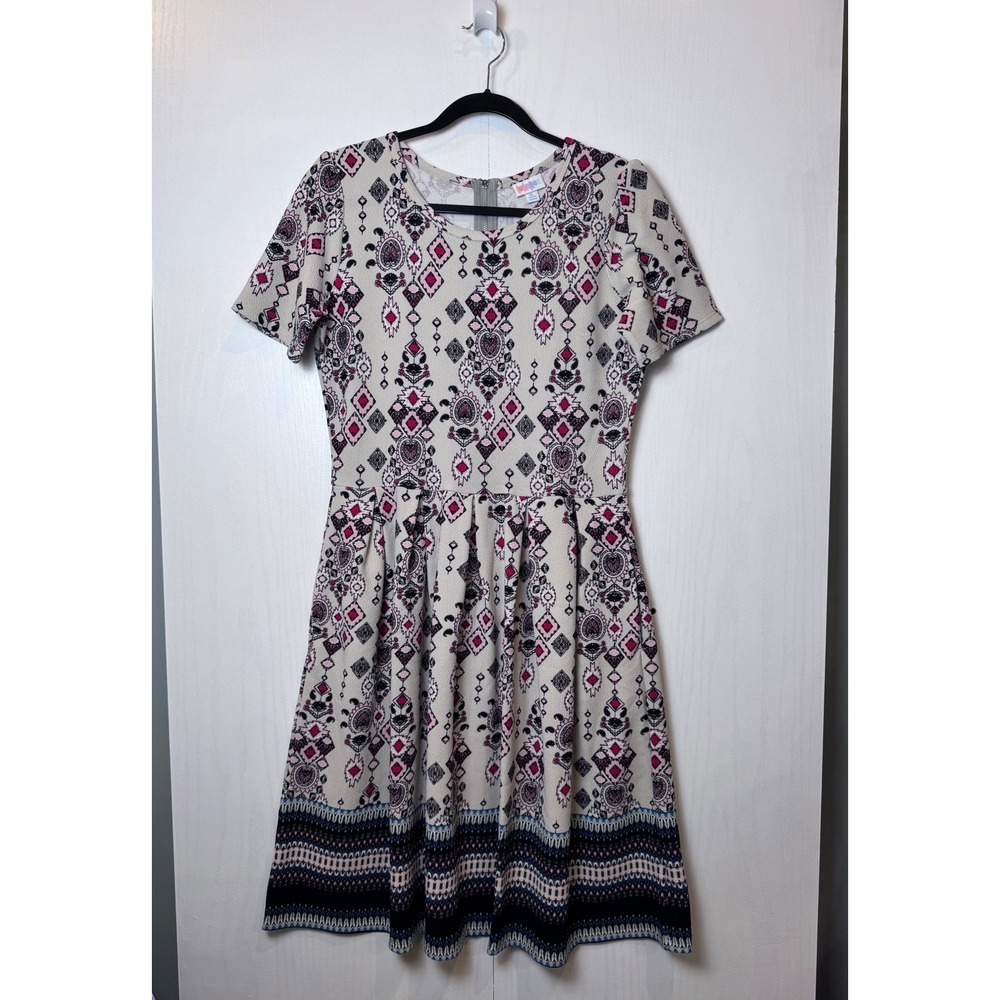 LulaRoe Amelia Womens XL Pleated Fit & Flare Dress Ivory Geometric Tribal Tribal